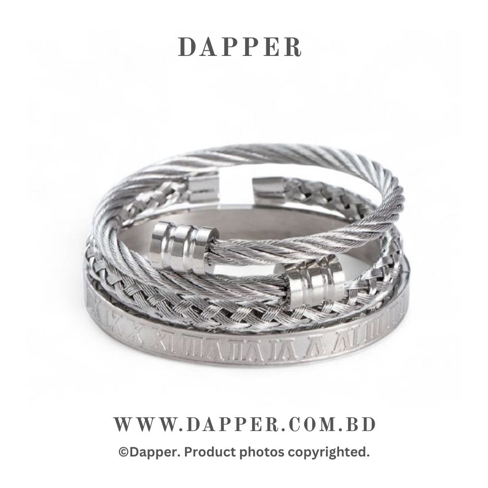 Copy-of-Copy-of-Dapper-8.jpg 3pcs Set Luxury Roman Number 316L Stainless Steel Silver Cuff Bracelet for Mens - Image 1