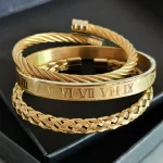 3pcs Set Luxury Roman Number 316L Stainless Steel Cuff Bracelet for Mens - Image 2